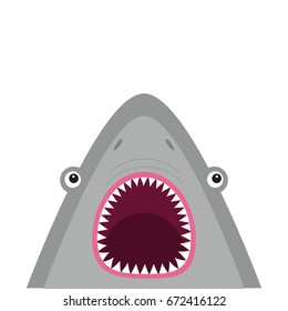 Shark head face with big open mouth and sharp teeth. Cute cartoon animal character. Baby card. Sea ocean wild animal. Sticker print template. Flat design. White background Isolated Vector illustration