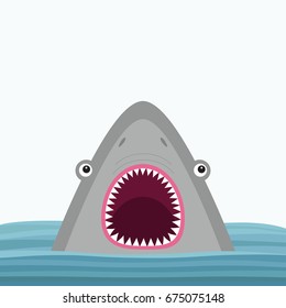 Shark head face with big open mouth and sharp teeth. Cute cartoon animal character. Baby card. Sea ocean wild animal. Water wave. Sticker print template. Flat design. White background Isolated. Vector