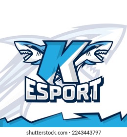 Shark head mascot on letter K illustration template, esport logo design, gamer logo, streamer logo.