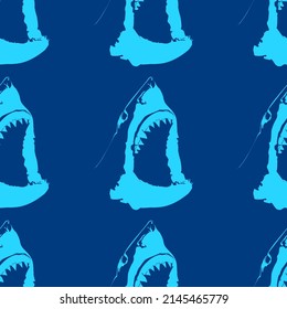 Shark head with open mouth on blue background, seamless pattern, texture for fabric design, wallpaper and tile, vector illustration