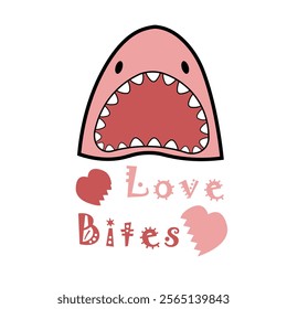 Shark head with typography lettering Love Bites. Perfect for valentine greeting card, t-shirt, mug and any printing.