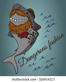 Shark hipster with a beard wearing a hat and tattoos
