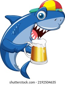 Shark Holding Beer Glass Cartoon Character Illustration