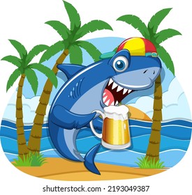 Shark Holding Beer Glass Cartoon Character Illustration