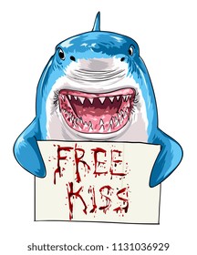 shark holding bloody free kiss sign illustration