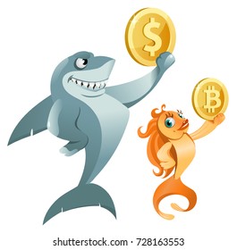 Shark holding dollar symbol and goldfish holding bitcoin symbol. Cartoon styled vector illustration. Elements is grouped. Isolated on white. No transparent objects.