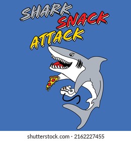 SHARK HOLDING A VIDEO GAME CONTROLLER AND A PIZZA ATTACK SNACK.