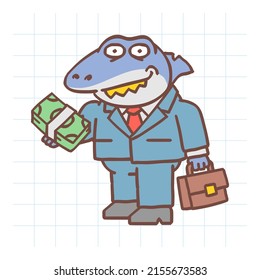 Shark holding wad of money and smiling. Hand drawn character. Vector Illustration