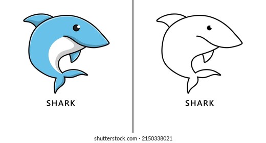 Shark Icon Cartoon. Ocean Animal Mascot Symbol Vector Kids Coloring Book