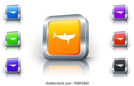 Shark Icon on 3D Button with Metallic Rim Original Illustration