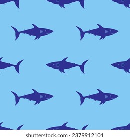 Shark icon on blue background seamless pattern. Monochrome vector illustration