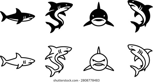 shark icon set with black silhouettes and curved fins in vector style for design