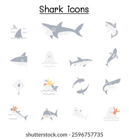 Shark icon set in flat color style