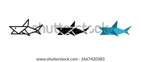Shark icon set. Illustration of geometric origami shark in outline, solid black and blue color. Can be used for icon, element design, illustration, or decoration.