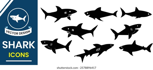 Shark icon, vector design big pack of fish illustration. Shark vector silhouette set. Shark logo, sea fish, set of black and white shark. Vector illustration.