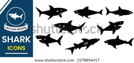 Shark icon, vector design big pack of fish illustration. Shark vector silhouette set. Shark logo, sea fish, set of black and white shark. Vector illustration.