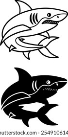 Shark Icons. Black and White Vector Illustration. Mammal, Fish. Dangerous Shark with Teeth. For Coloring Book Design. Marine Animals Concept