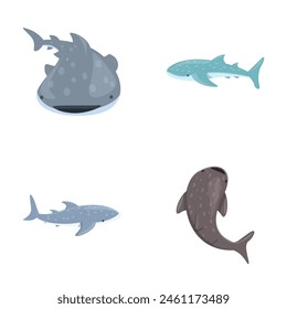 Shark icons set cartoon vector. Cartoon blue whale shark. Large underwater animal