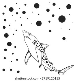 Shark Illustration with Bubbles and Spots fish ocean