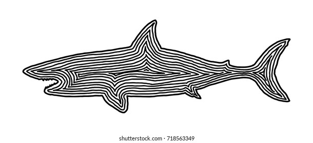A shark illustration icon in black offset line. Fingerprint style for logo or background design.