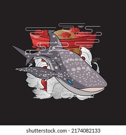 shark illustration with japanese style background