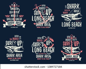 Shark illustration with typo for t shirt and other uses. Vector set.