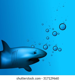 shark illustration in water background with bubbles on the blue background