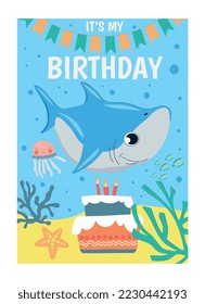 Shark invitations postcard. Graphic element for website, poster or banner. Representative of underwater world with cake and candles, congratulations and holiday. Cartoon flat vector illustration