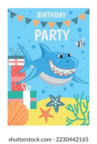 Shark invitations postcard. Party, event, holiday and festival, happy birthday. Happy characters with colorful flags and gift boxes. Template, layout and mock up. Cartoon flat vector illustration