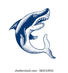 shark isolated on white background.engraved tattoo vector illustration