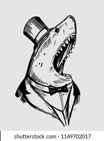 Shark in a jacket. Hand drawn illustration. Vector