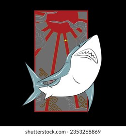 shark with japanese background, logo, icon
