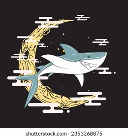 shark with japanese background, logo, icon