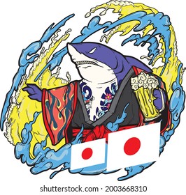 Shark and Japanese colorful line illustration