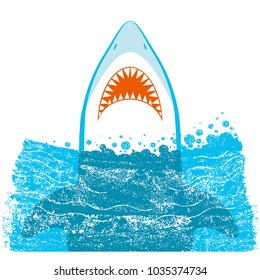 Shark jaws.Vector blue sea waves background illustration isolated on white
