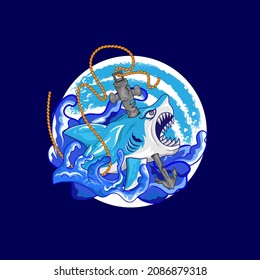 shark jumping out of water with spear illustration vintage for apparel