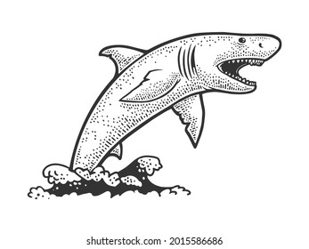 shark jumps out of water sketch engraving vector illustration. T-shirt apparel print design. Scratch board imitation. Black and white hand drawn image.