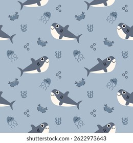 Shark kind cartoon so cute. On seaweed bubbles crab jellyfish background. Pattern seamless vector illustration. 