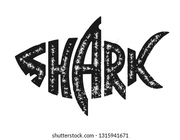 Shark lettering in shark silhouette. Grunge lettering with shark shape. Black and white distressed vector shark logo. 