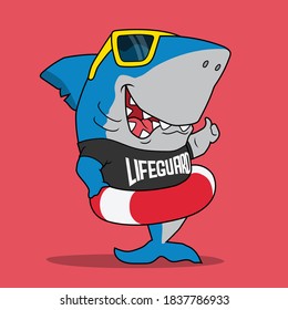 Shark the lifeguard cartoon. Hand drawn