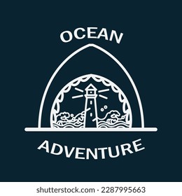 shark with lighthouse tower in monoline badge design