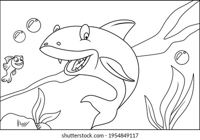 Shark Line Art. A Coloring Sheet For Kid In Learning Or Education