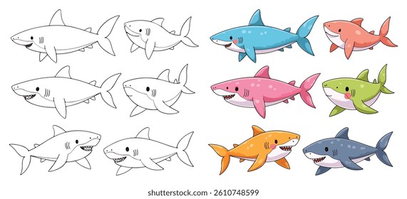 Shark Line Art Vector Outline Illustration Black and White with Coloring Sample