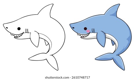 Shark Line Art Vector Outline Illustration Black and White with Coloring Sample