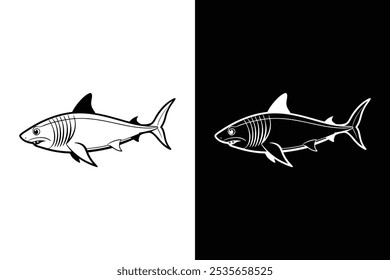Shark lineout vector icons on a white and black background.	