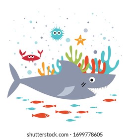 Shark and little fishes swimming near coral reef