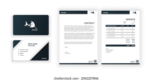 Shark logo, Business card and blank. Modern minimalist template. Document design template for office, company. Gold ornament greeting card on a black background. Vector illustration.
