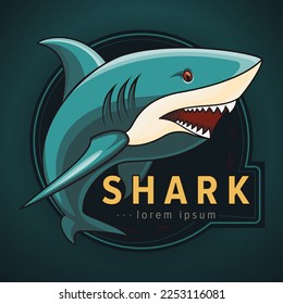 Logo de tiburones al estilo de las caricaturas. Ilustración furiosa de tiburón con Open Jaw. Para su plantilla de juegos de mascota Emblema o impresión de camisetas