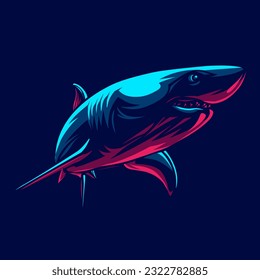 Logo de tiburones con diseño de arte colorido en línea de neón con fondo oscuro. Resumen de la ilustración del vector submarino.