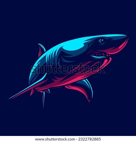 Shark logo with colorful neon line art design with dark background. Abstract underwater animal vector illustration.